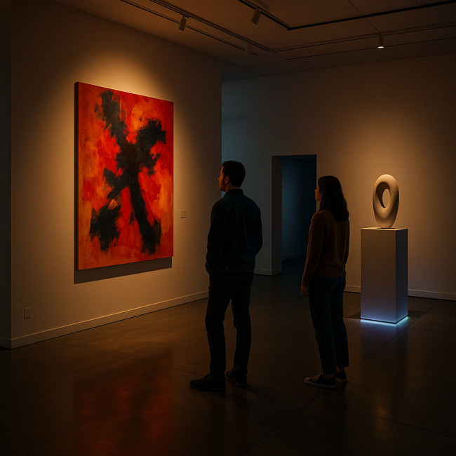 Art gallery interior with layered lighting