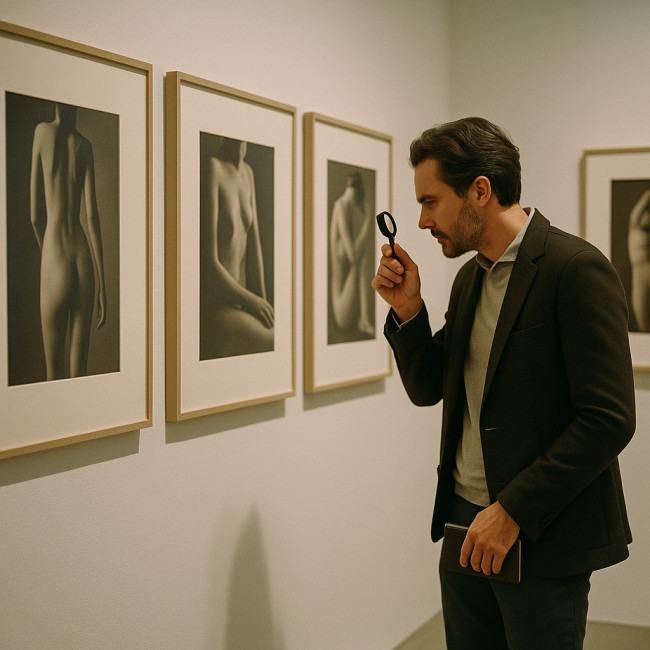 Curator examining framed artistic nude series in gallery