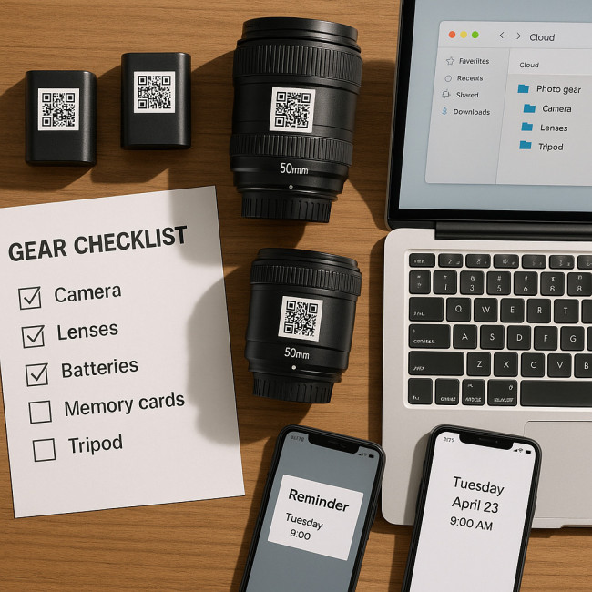 Flat lay of gear checklist, QR labels and digital tools
