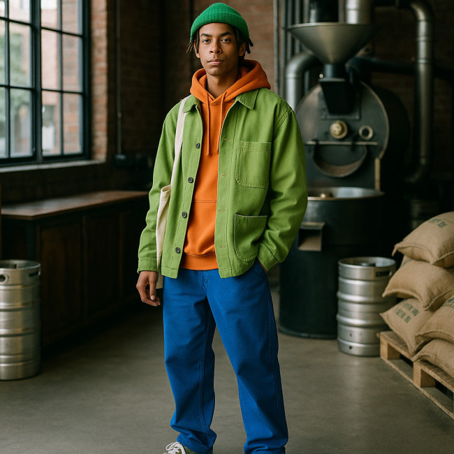 Gen Z vegan streetwear male model in urban setting