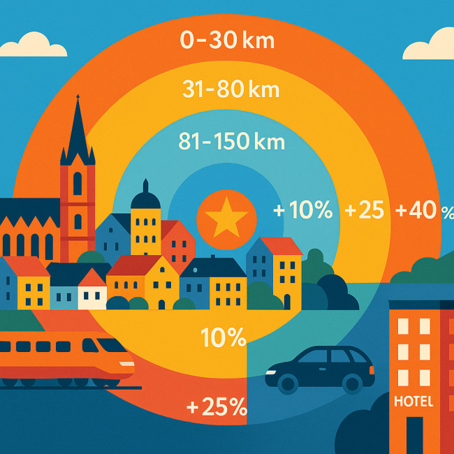 Infographic map with distance bands and travel surcharge icons