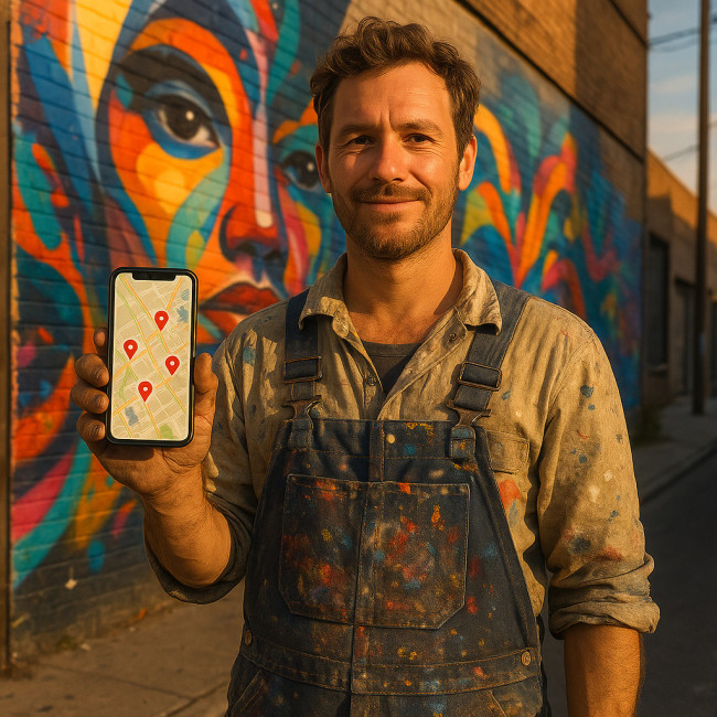 Street artist geo-tagging a finished mural on a phone