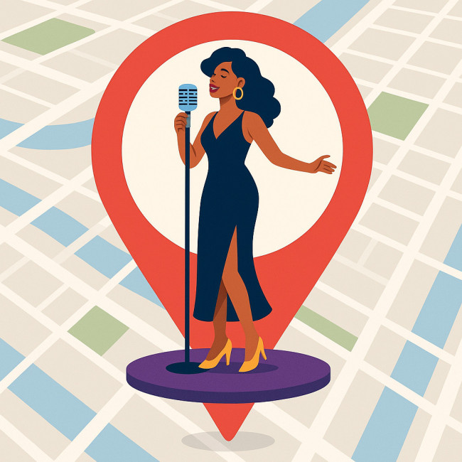 Flat illustration of a jazz singer on a map pin to depict geo-targeted gigs