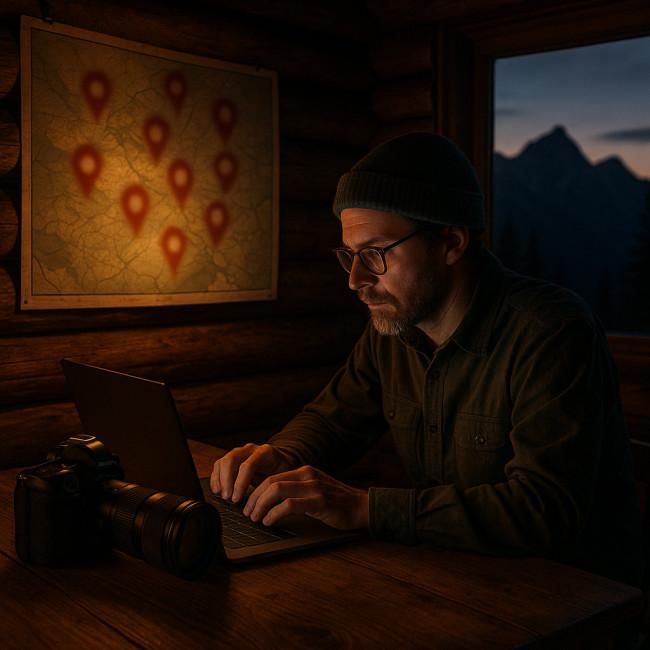 Photographer reviewing images with geotag security focus
