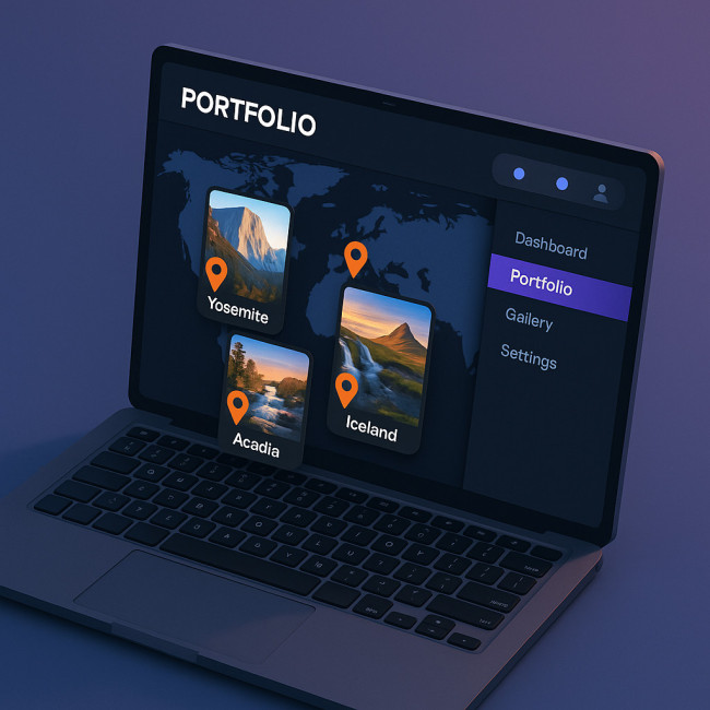 Screen mockup of a geotagged landscape photography portfolio