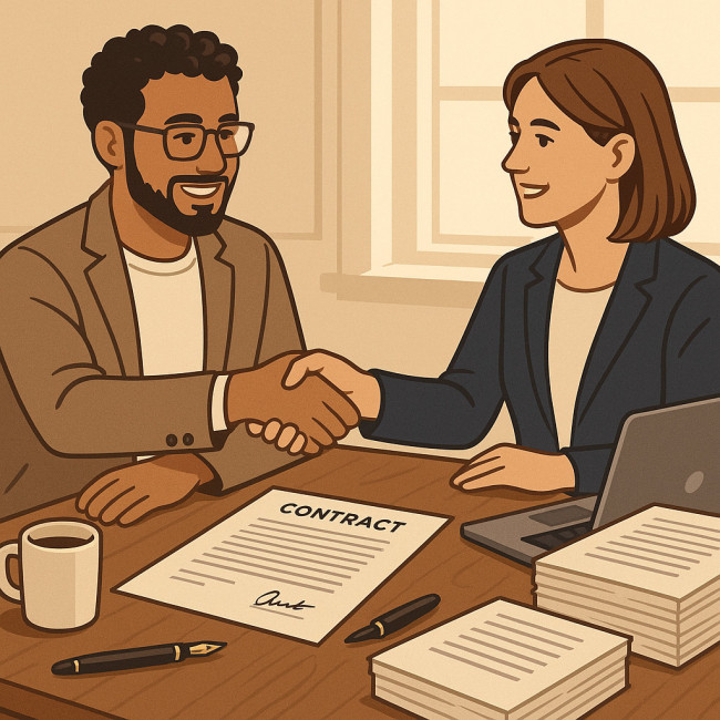 Illustration of writer and client shaking hands over a ghostwriting contract