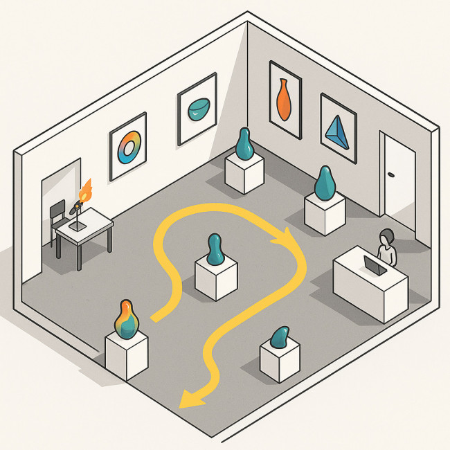 floor plan of glass art pop-up with visitor pathways