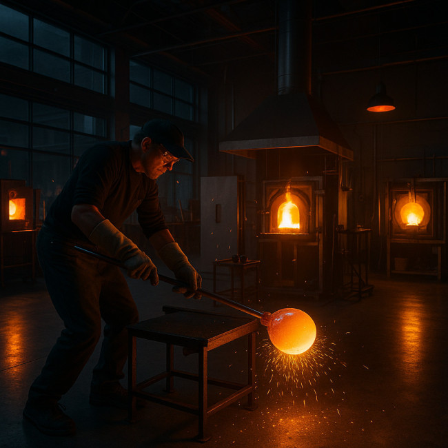 Glass artist working in a residency hot shop