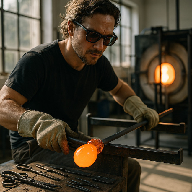 Glass artist shaping molten glass in studio