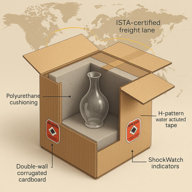 Cutaway view of protected glass shipment with insurance and carrier symbols