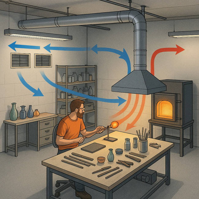 Diagram showing push-pull ventilation in a glass studio