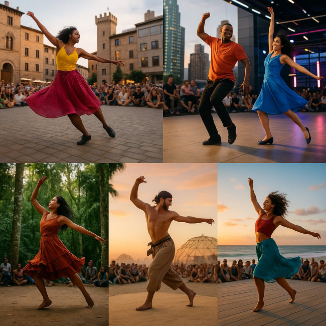 Collage of dancers at festivals around the world
