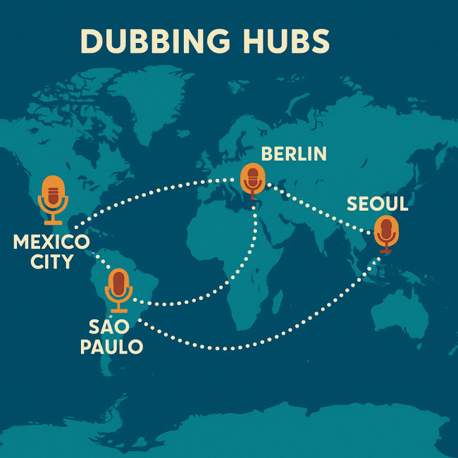 World map illustration of global dubbing hubs