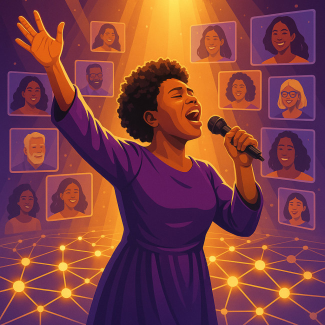 Emerging gospel artist performing on a virtual networked stage