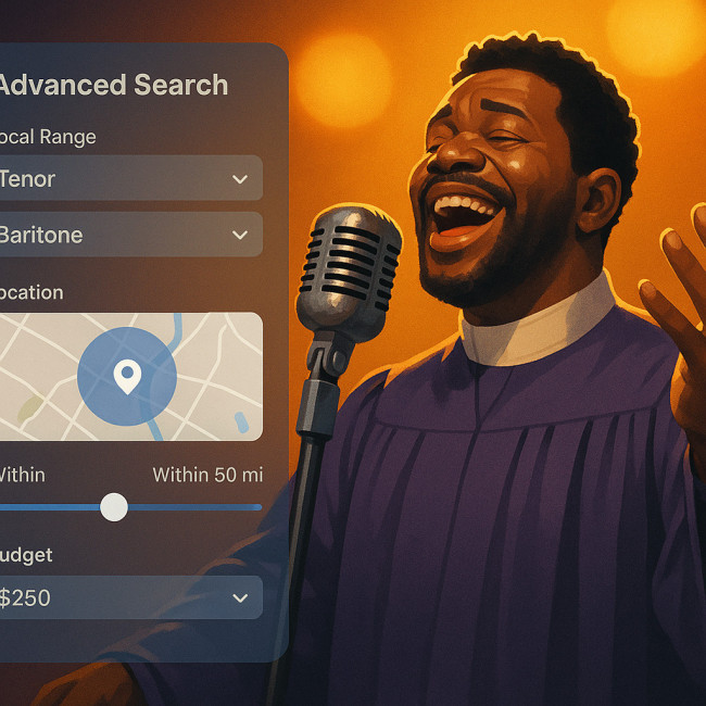 Digital illustration of gospel singer with search filter interface