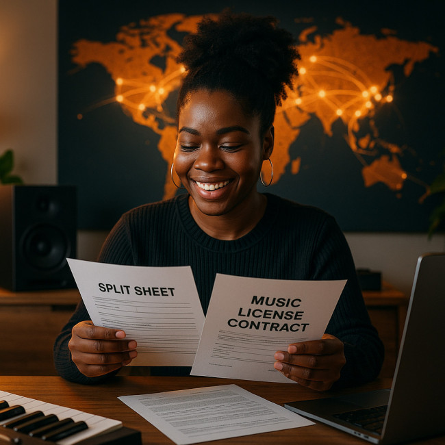 Gospel songwriter checking licensing paperwork with a world map backdrop