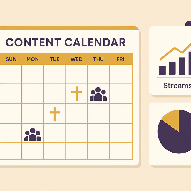 Illustrated gospel release calendar with streaming growth
