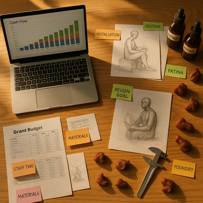 Overhead view of sculptor planning budget at desk
