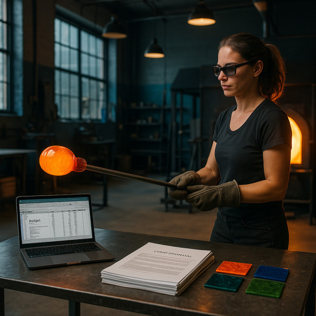 Glass artist in hot shop with grant documents