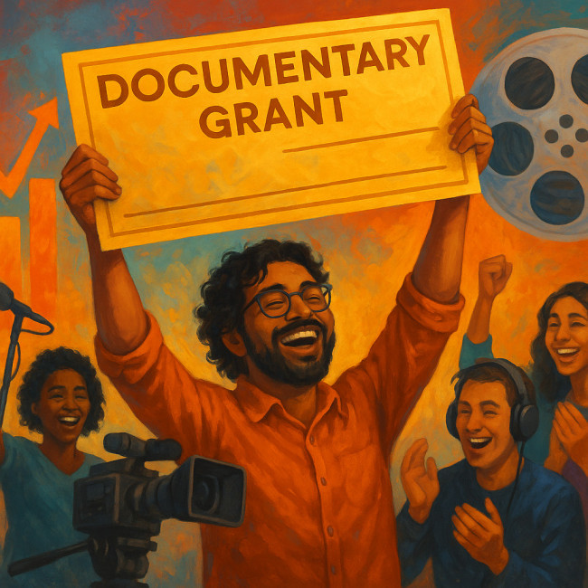 Illustration of producer receiving grant cheque for documentary
