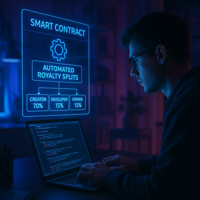 Designer coding a royalty smart contract