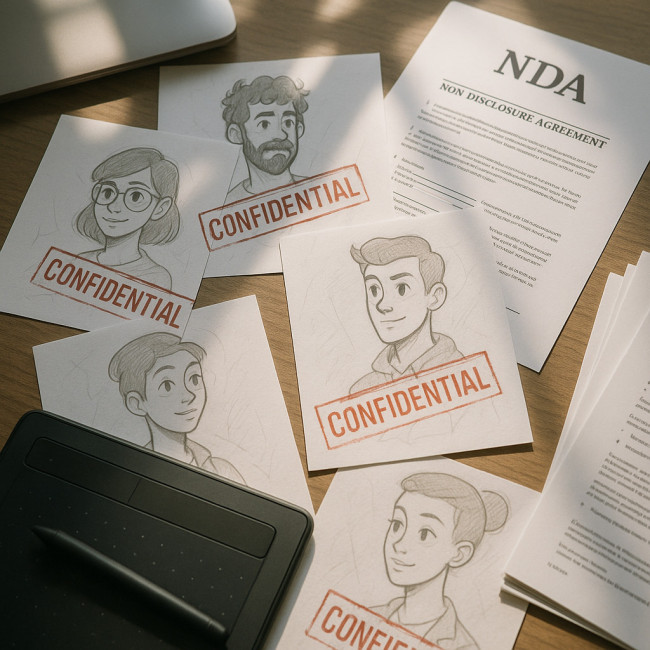 Confidential concept art on a designer's desk