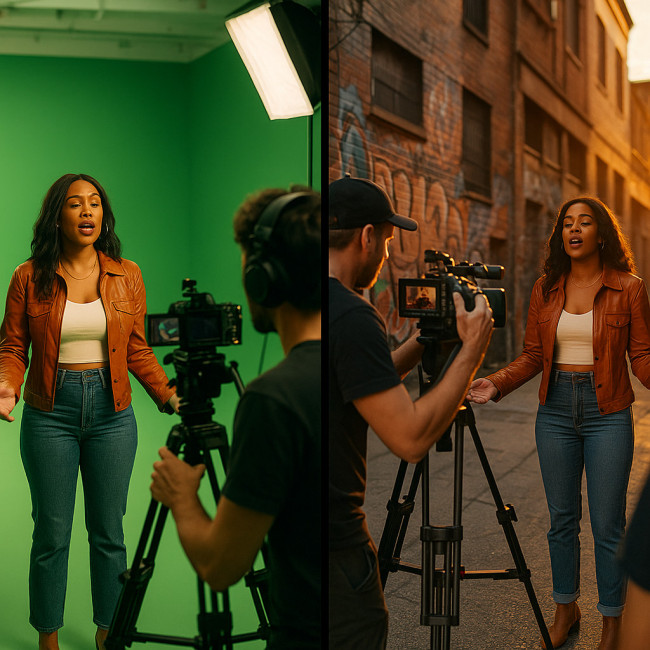 Split scene of green-screen studio and urban location shoot