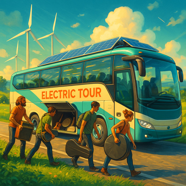 Electric tour bus with solar panels in green landscape