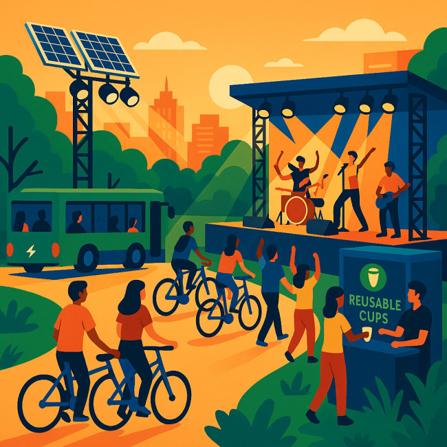 Eco-friendly concert scene with solar stage and electric bus