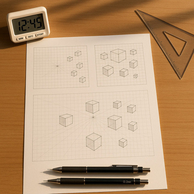 Architect's desk with perspective grid practice