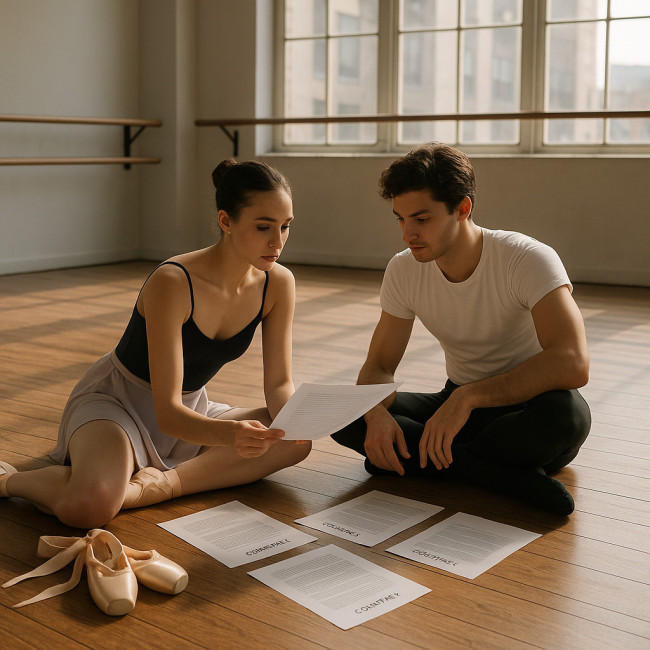 ballet dancers reviewing a guest contract