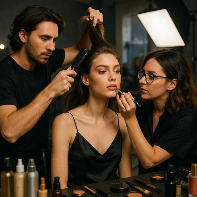 Hair and makeup duo prepping model on magazine set