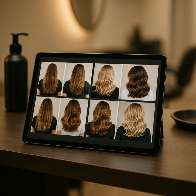 Digital gallery of hair transformations on tablet
