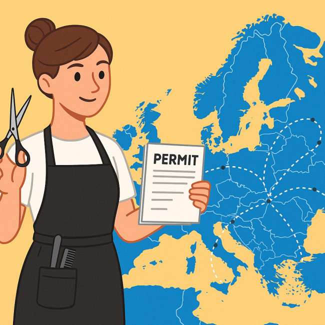 Hair stylist checking permits on a map of EU borders