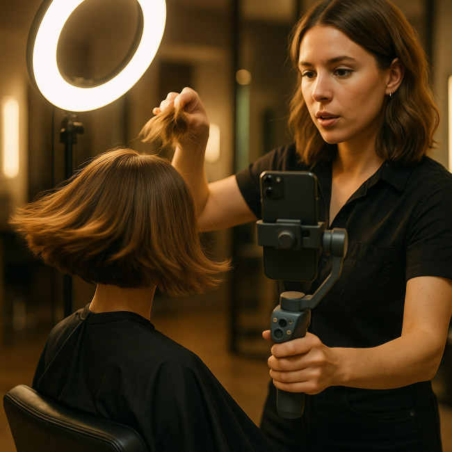 hair stylist filming short vertical reel in salon