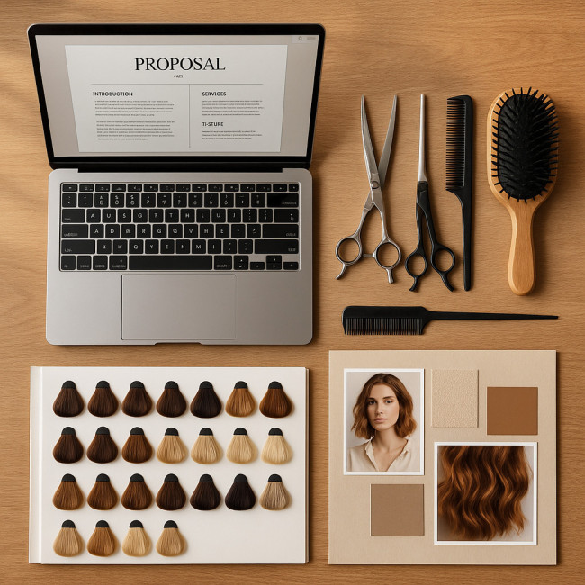hair stylist desk with proposal and tools