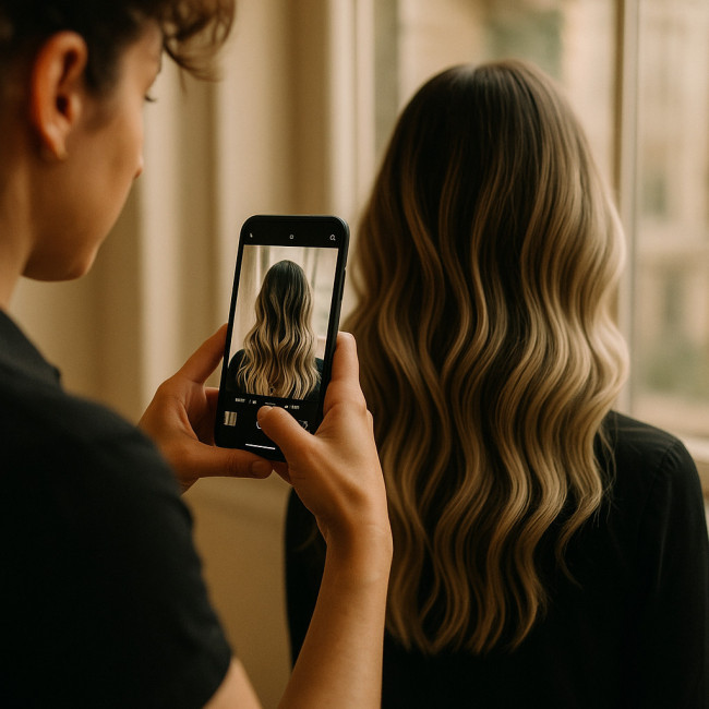 hairstylist photographing a balayage result