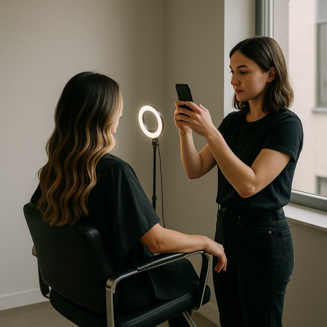 Hairstylist photographing client near window with ring light