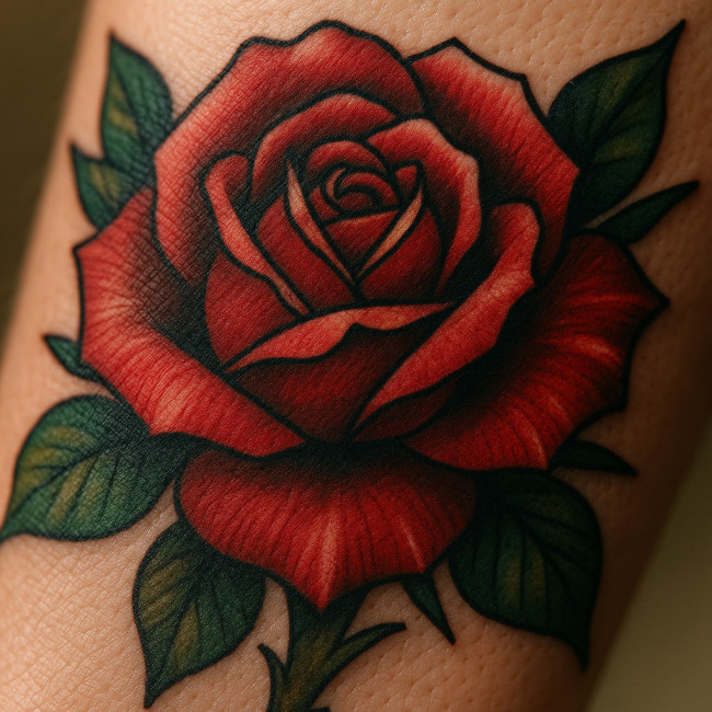 Healed neo-traditional rose tattoo on forearm