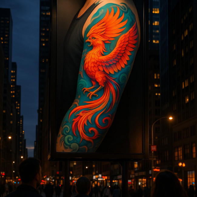 Healed phoenix tattoo sleeve on city billboard.