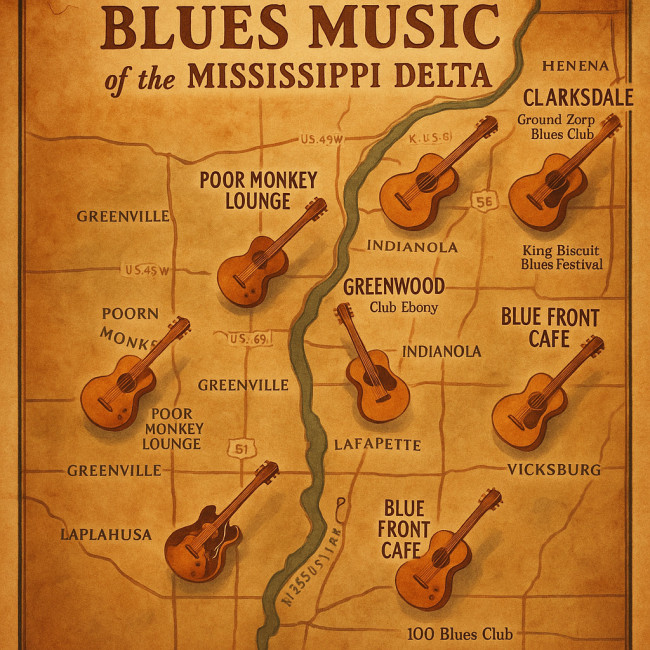 Retro map of Mississippi Delta blues venues