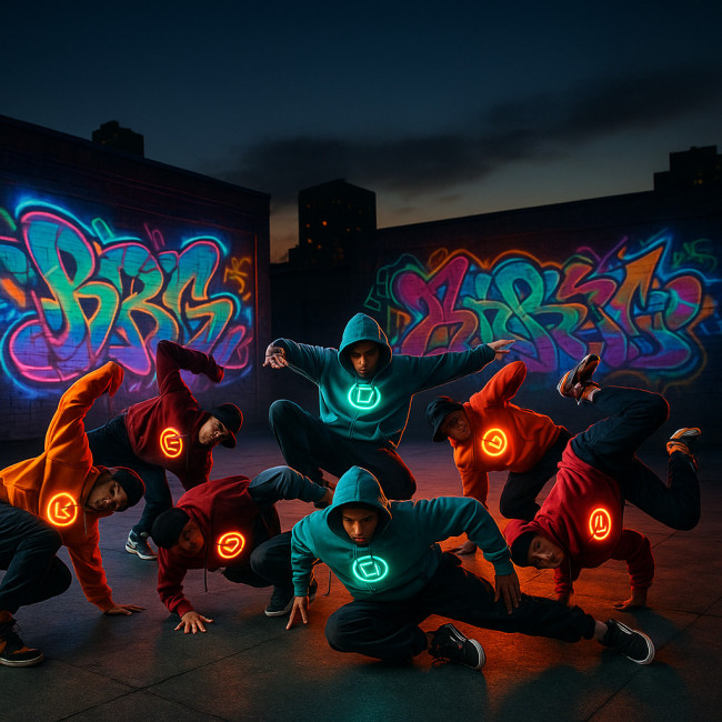 Hip-hop crew freeze on rooftop with neon graffiti