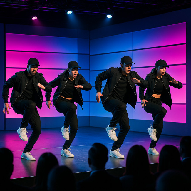 hip-hop dance crew energizing a corporate launch stage