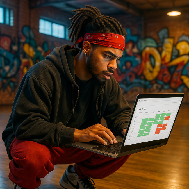 Hip-hop dancer reviewing live calendar