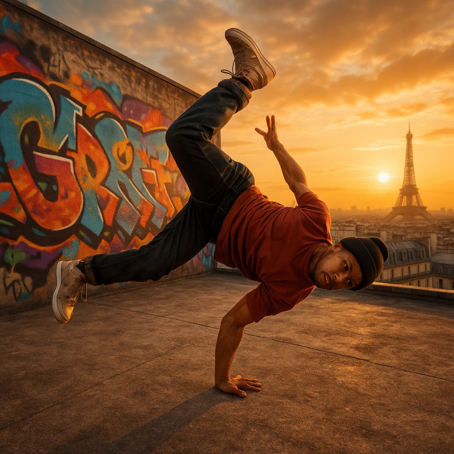 Hip-hop dancer performing on a Paris rooftop