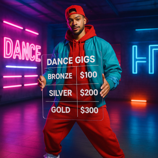 Hip-hop dancer presenting a tiered rate card
