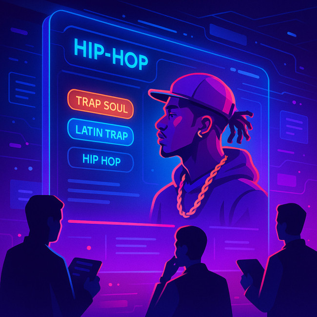 hip-hop genre tags highlighted on a digital directory interface