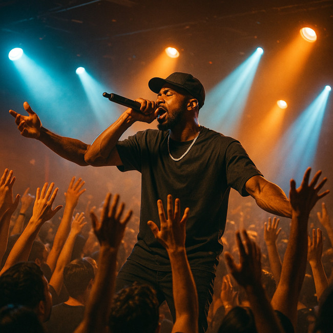 Rapper headlining a live show on small venue stage