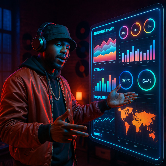 Hip-hop singer reviewing a fan data dashboard in a studio