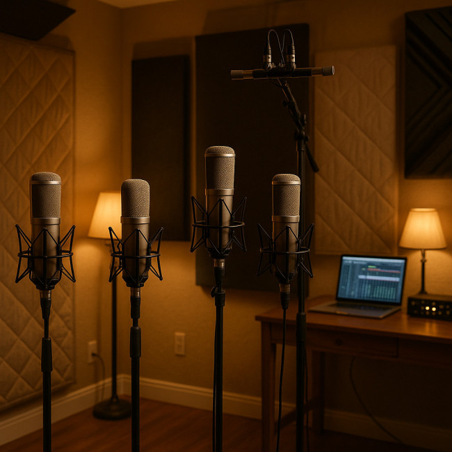 Home studio gospel recording setup with mics and acoustic treatment